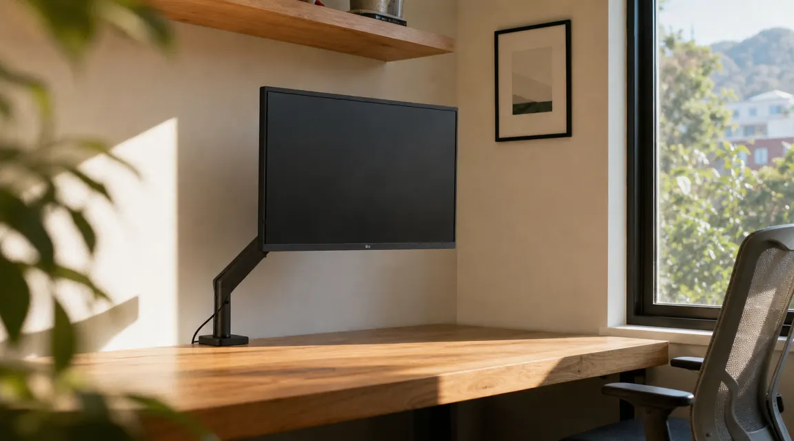 Clean home office desk with a monitor mounted on an articulating arm, cleared desk surface below