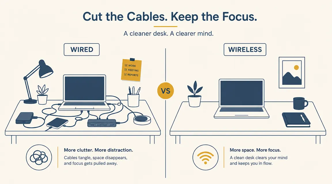 Side-by-side desk view showing a wired keyboard setup with cable mess versus a clean wireless setup
