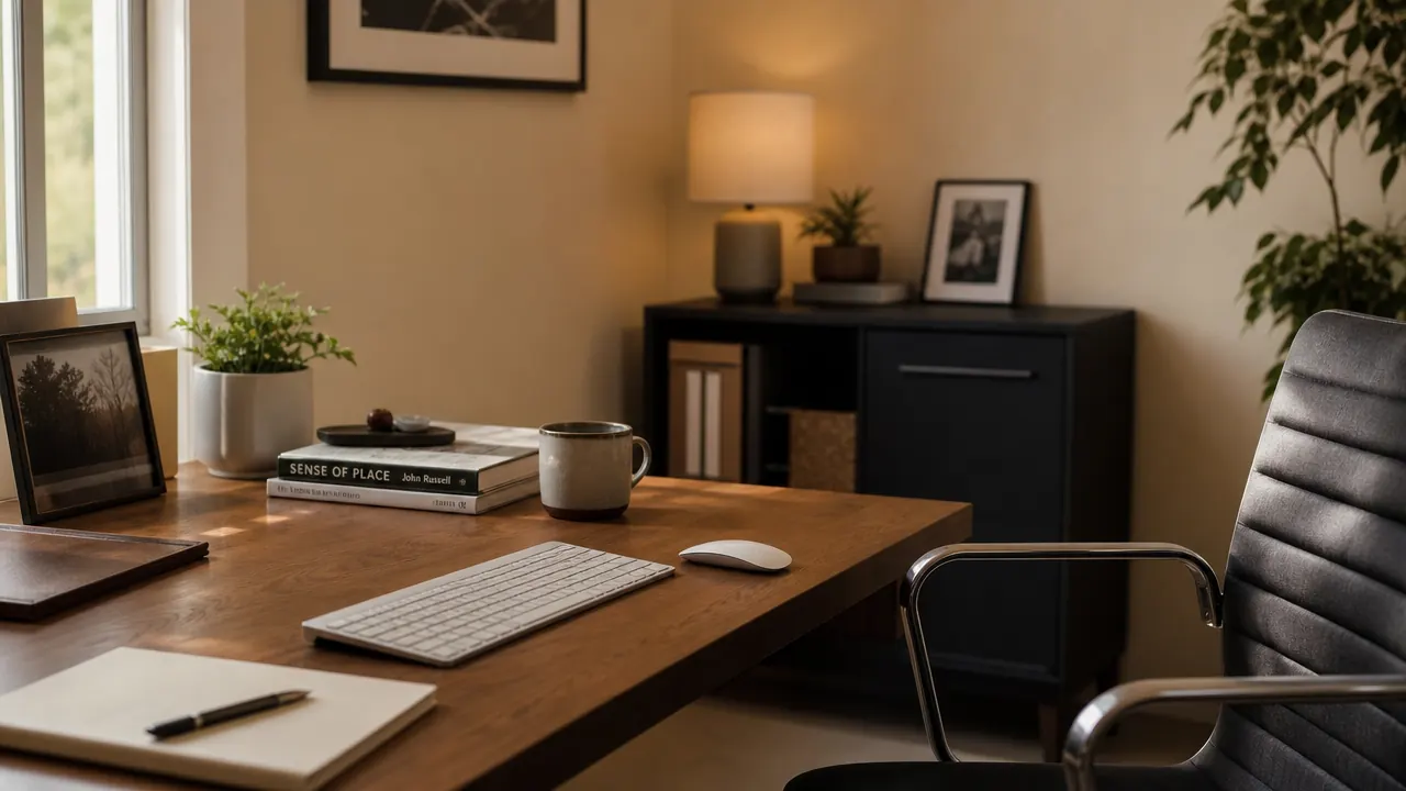 Clean home office desk with a wireless keyboard and mouse, no cable clutter, warm afternoon light