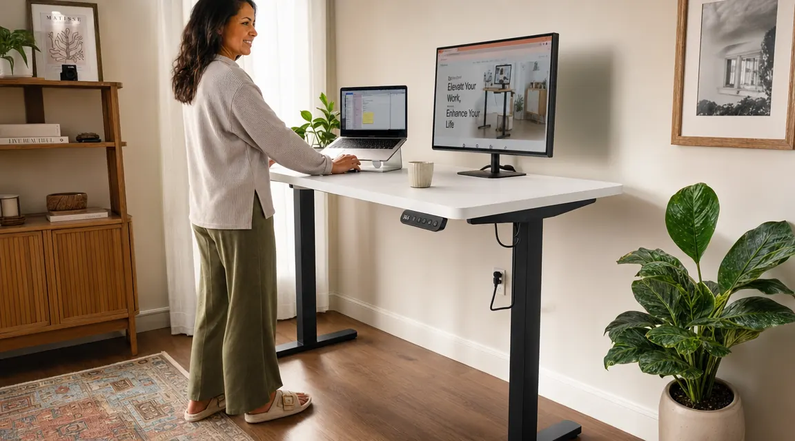 ErGear electric standing desk raised to standing height with a laptop, monitor, and small plant on the surface
