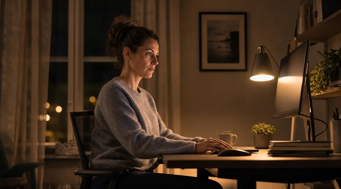 Woman sitting at the same desk lowered to seated height, charting on a laptop in the evening with a monitor light bar on the screen