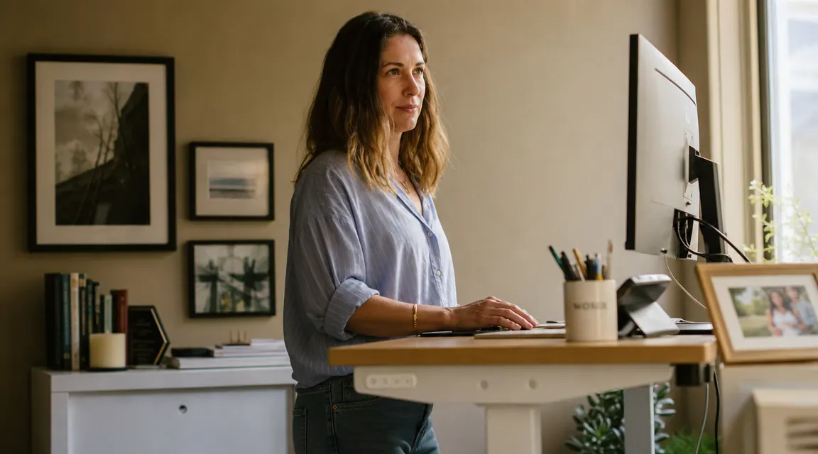 Woman standing at a height-adjustable desk in a warmly lit home office during the afternoon, looking alert and focused
