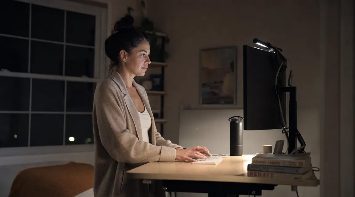 A woman standing at a raised standing desk in a bedroom office at night, working by the glow of a monitor light bar, relaxed posture
