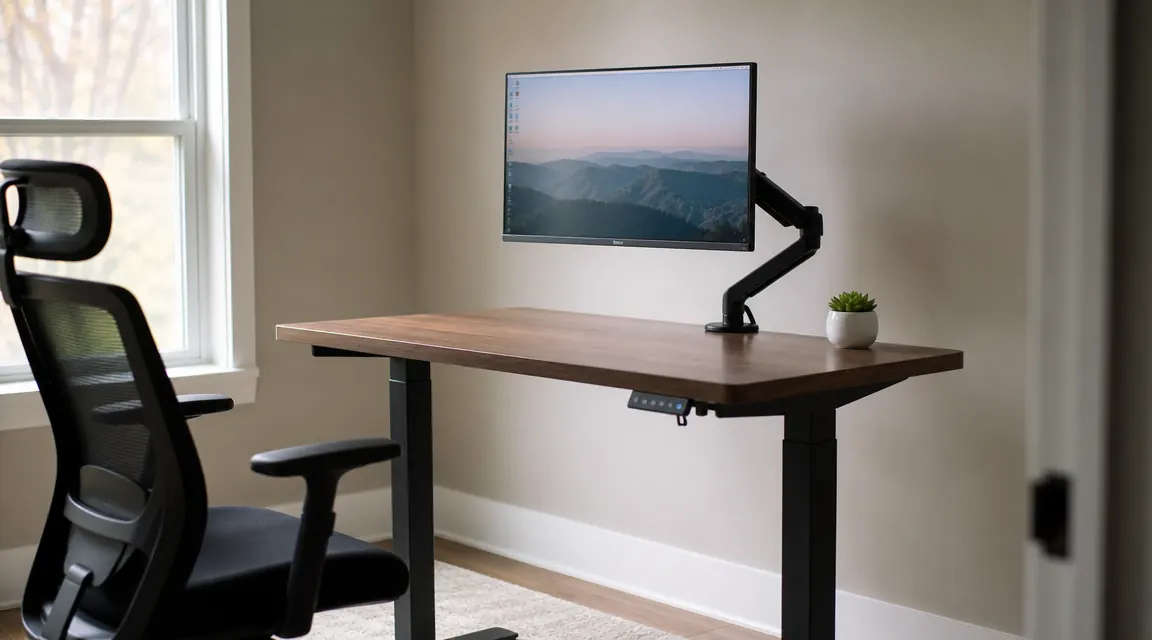 An electric standing desk in a home office corner viewed straight on, with a monitor and plant on the surface, morning light coming through a nearby window
