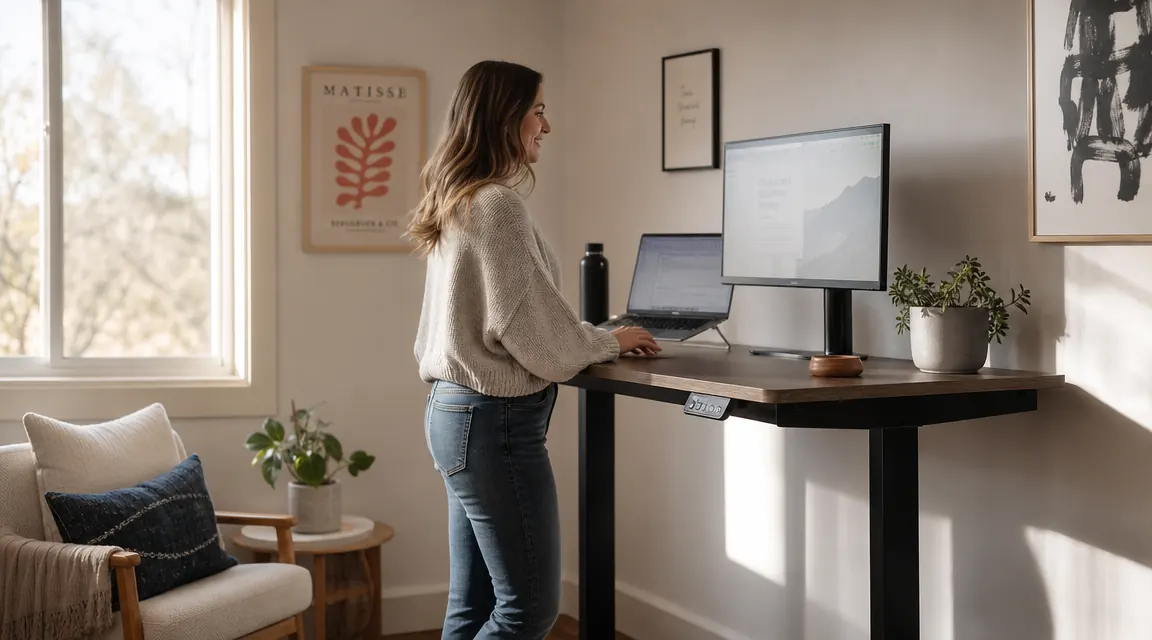 A clean home office desk setup with an electric standing desk raised to standing height, warm afternoon light through a window behind it