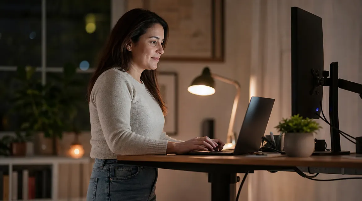 Woman working at a raised standing desk in a home office during evening hours, warm lamp light