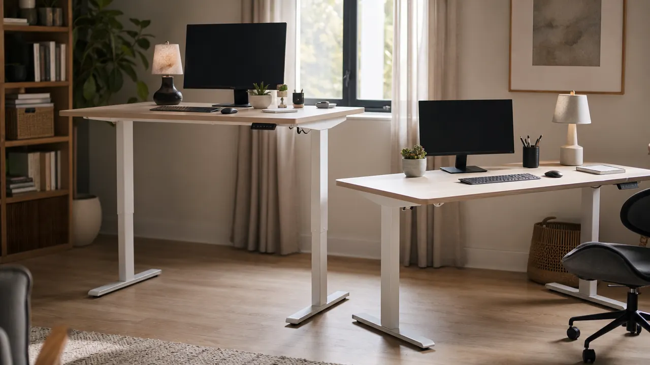 Side-by-side electric standing desks in a tidy home office, one raised to standing height