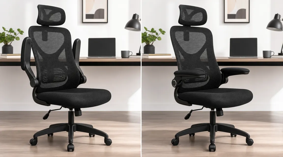 GABRYLLY chair flip-up armrests in raised and lowered positions side by side