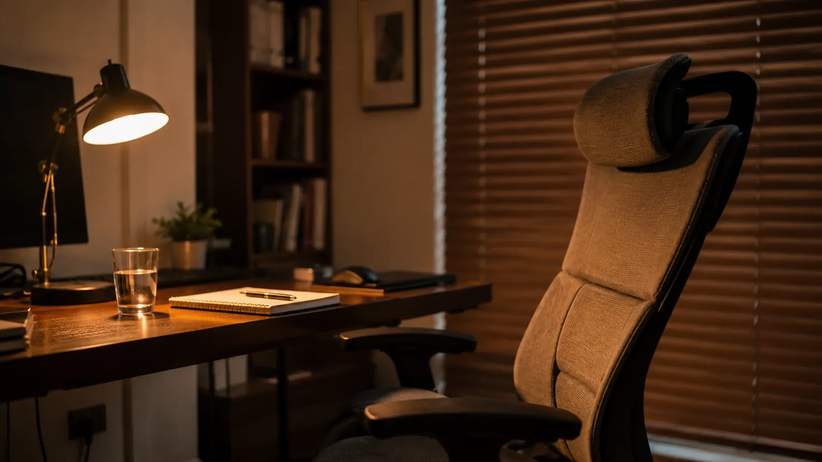 GABRYLLY ergonomic office chair at a tidy home desk during evening hours, warm amber lamp on, blinds drawn