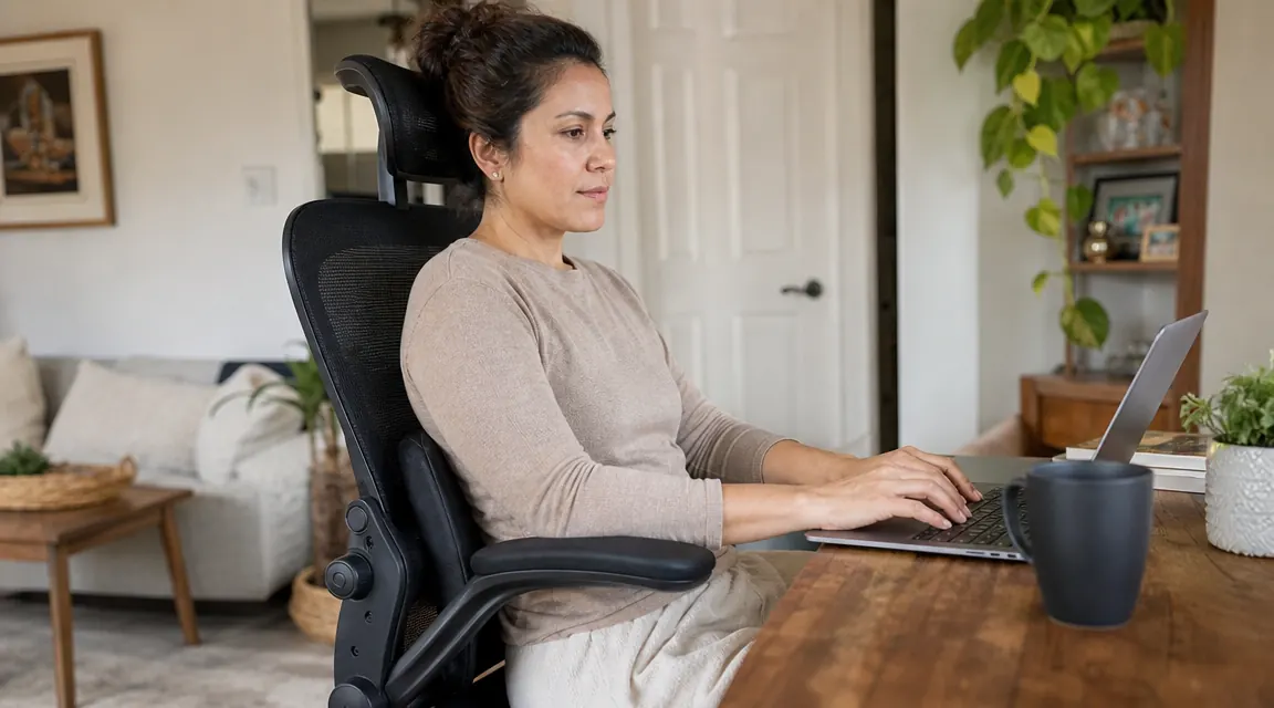 Close view of the GABRYLLY chair lumbar support pad against the lower back of a seated person