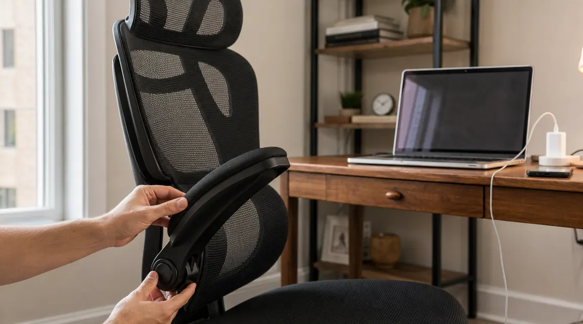 Person adjusting the flip-up armrest on a GABRYLLY ergonomic chair at a desk