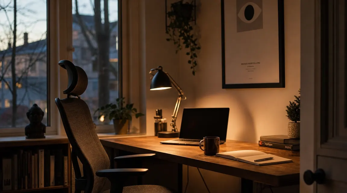 GABRYLLY ergonomic office chair at a home desk with warm lamp light in the evening