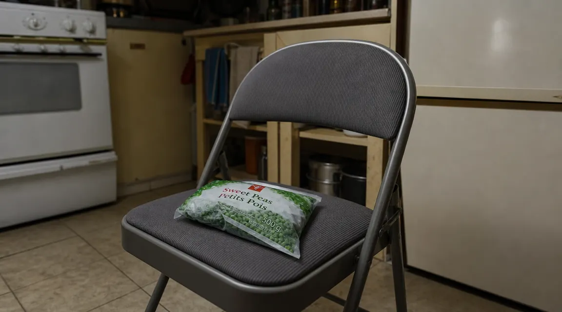 Bag of frozen peas sitting on a folding chair, dim lighting, tired after-shift kitchen atmosphere