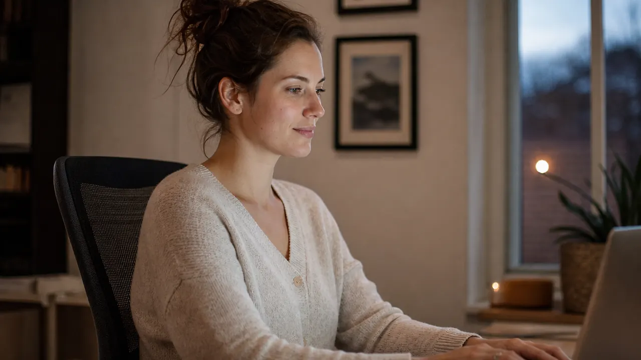 Woman smiling at laptop at a home desk, comfortable ergonomic chair visible, evening light through window
