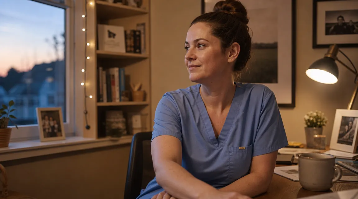 Woman in scrubs sitting comfortably at a home desk in the evening, soft warm lamp light, relaxed posture