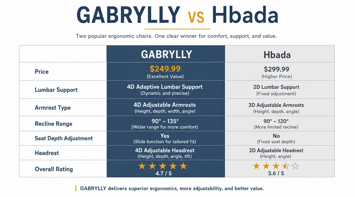 Comparison chart showing GABRYLLY vs Hbada features across price, lumbar support, armrests, recline, and seat depth