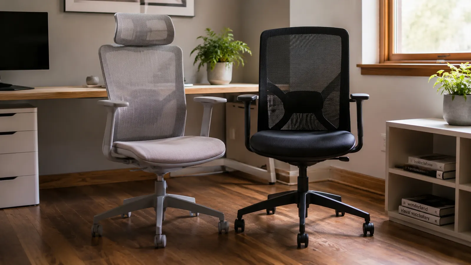 GABRYLLY ergonomic office chair and Hbada chair side by side in a home office setting with warm afternoon light