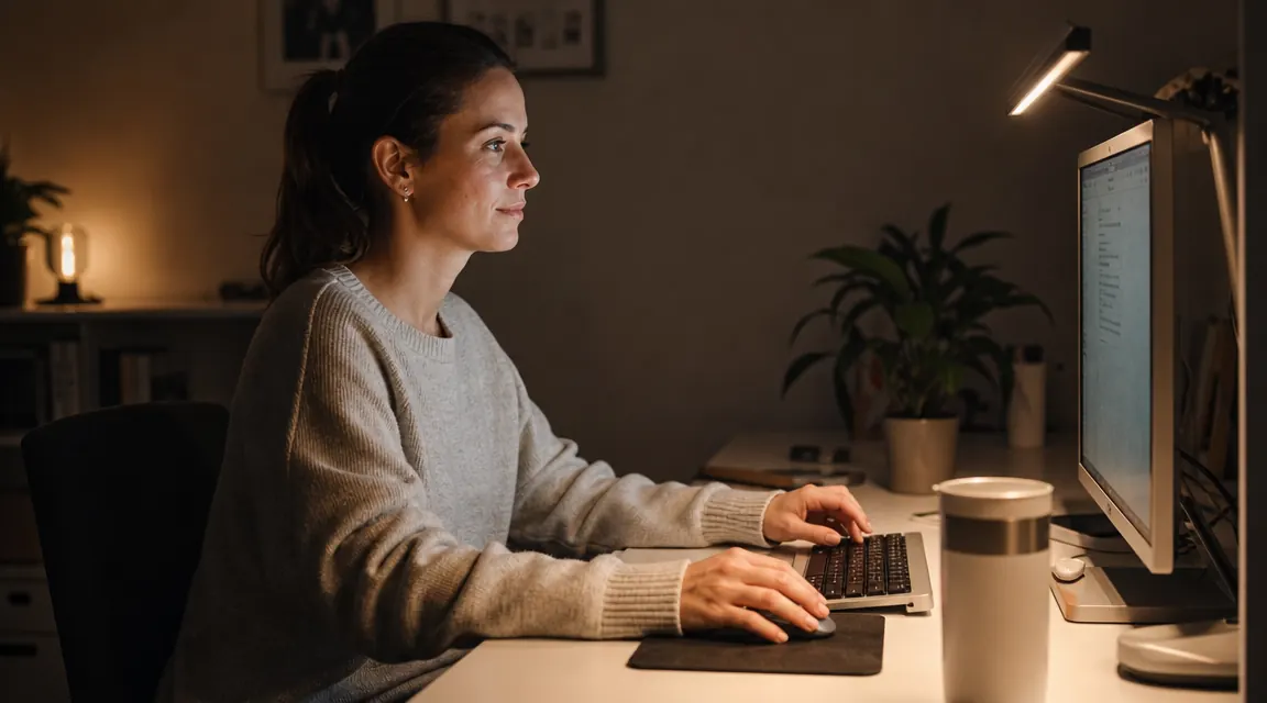 Woman at a home office desk in the evening, soft warm light from a monitor lamp illuminating her workspace without glare