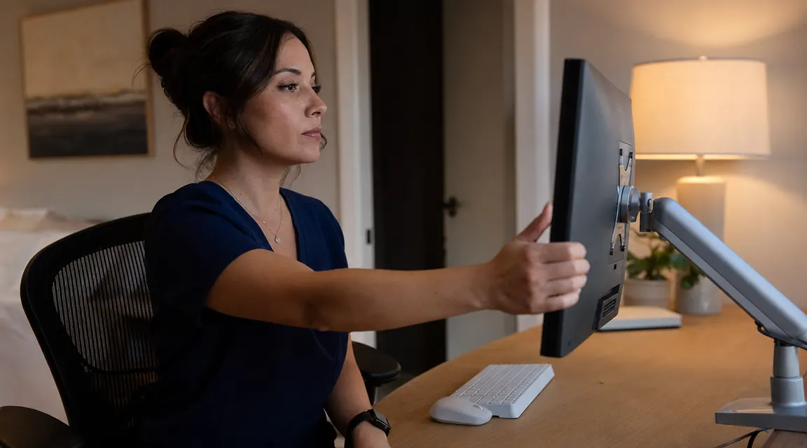 Woman adjusting a monitor arm at a tidy home desk, soft evening lamp light in background