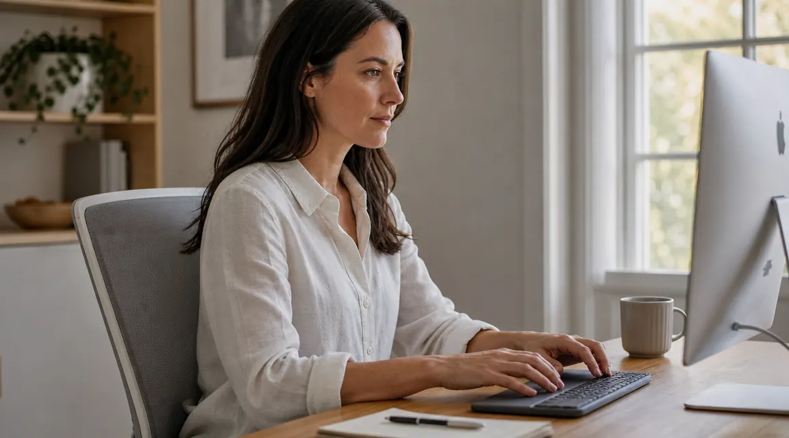 Woman at a home office desk resting her wrists on a keyboard palm rest, soft natural light through a window