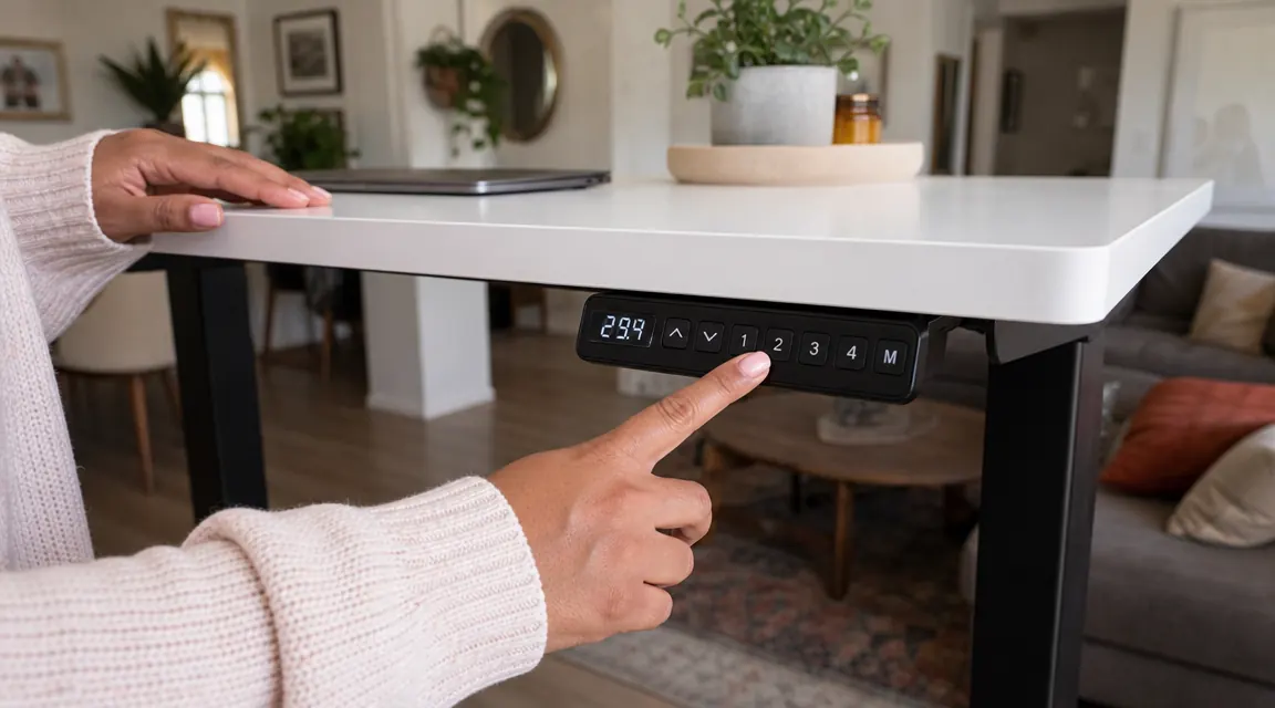 Close-up of a hand pressing the memory preset button on an ErGear standing desk control panel, desk rising smoothly