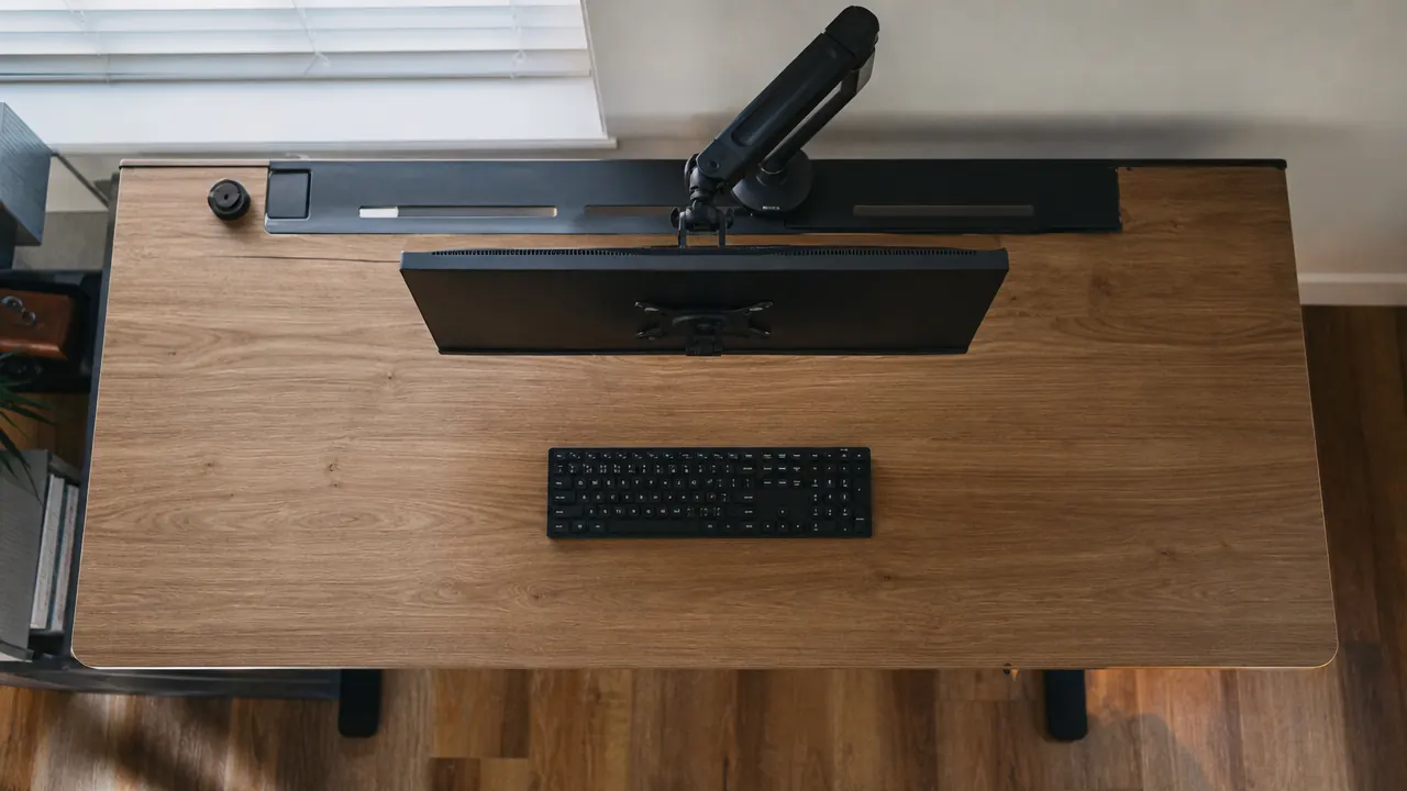 Overhead view of an organized standing desk with a monitor, wireless keyboard, and cable management tray, all neatly arranged on a 48-inch surface