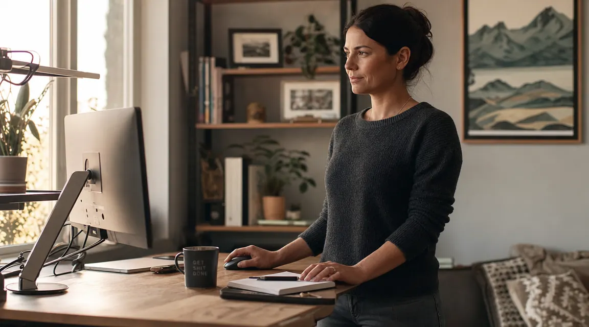Woman standing at a height-adjustable desk in a calm home office, morning light coming through the window, coffee mug on the desk surface