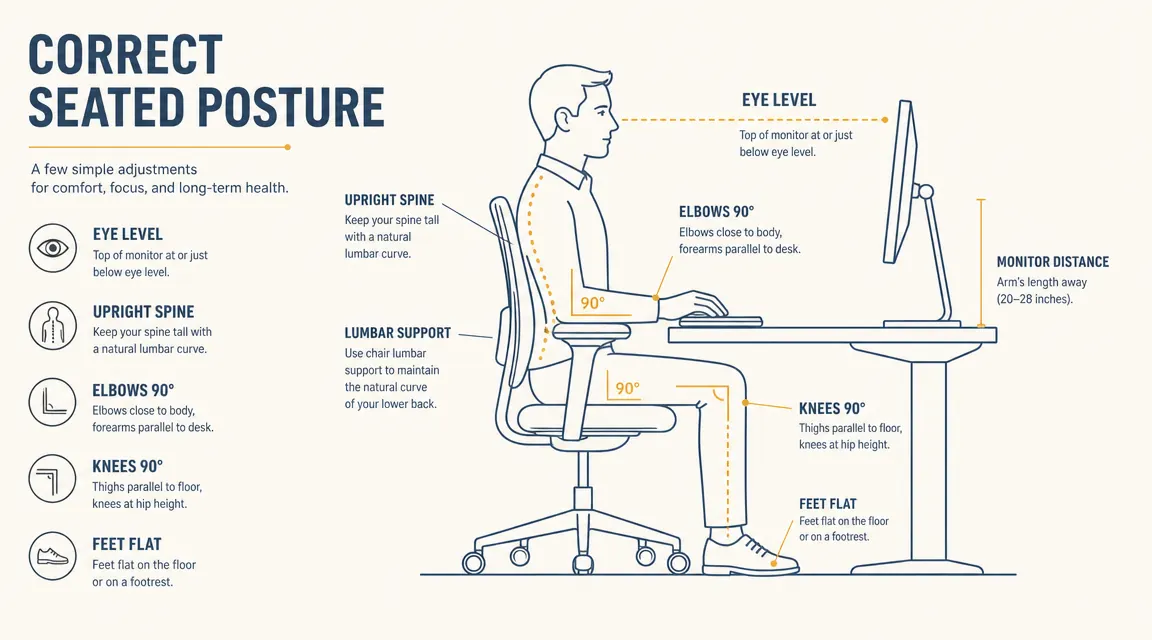Diagram showing correct seated posture with 90-degree hip and knee angles and feet flat on the floor