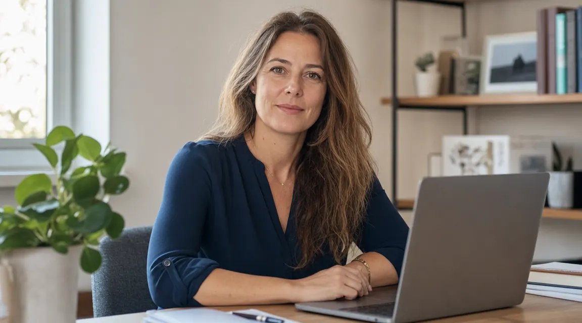 Woman sitting at a tidy home office desk with good upright posture, soft morning light coming through a window