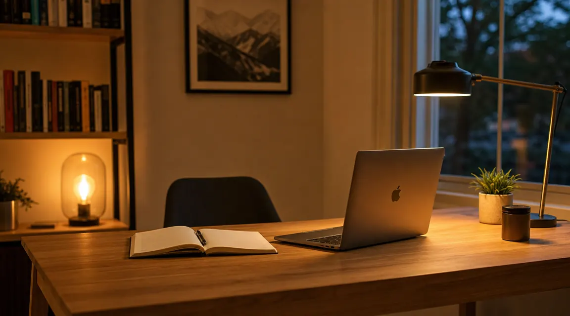 Clean home office desk corner with no cables visible, warm lamp light, open notebook beside laptop