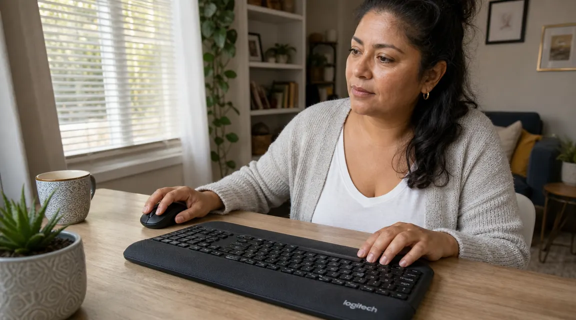 MK345 mouse being held in a relaxed full-hand grip on a desk mouse pad, side profile view