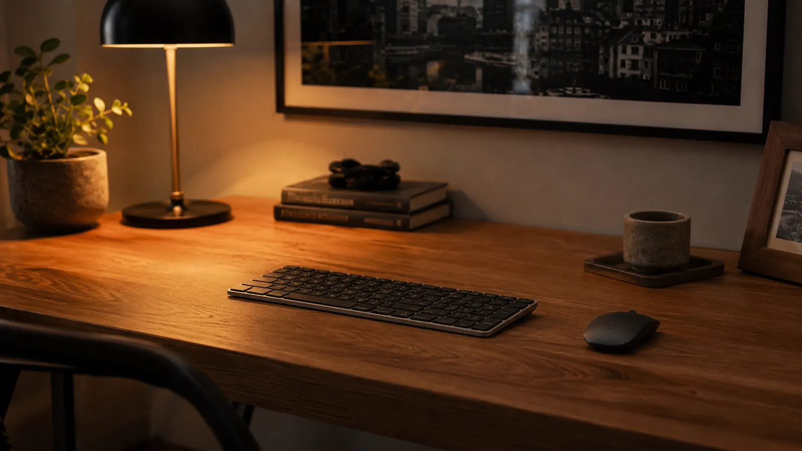 Logitech MK345 wireless keyboard and mouse on a clean home office desk with warm amber lamp light in the background