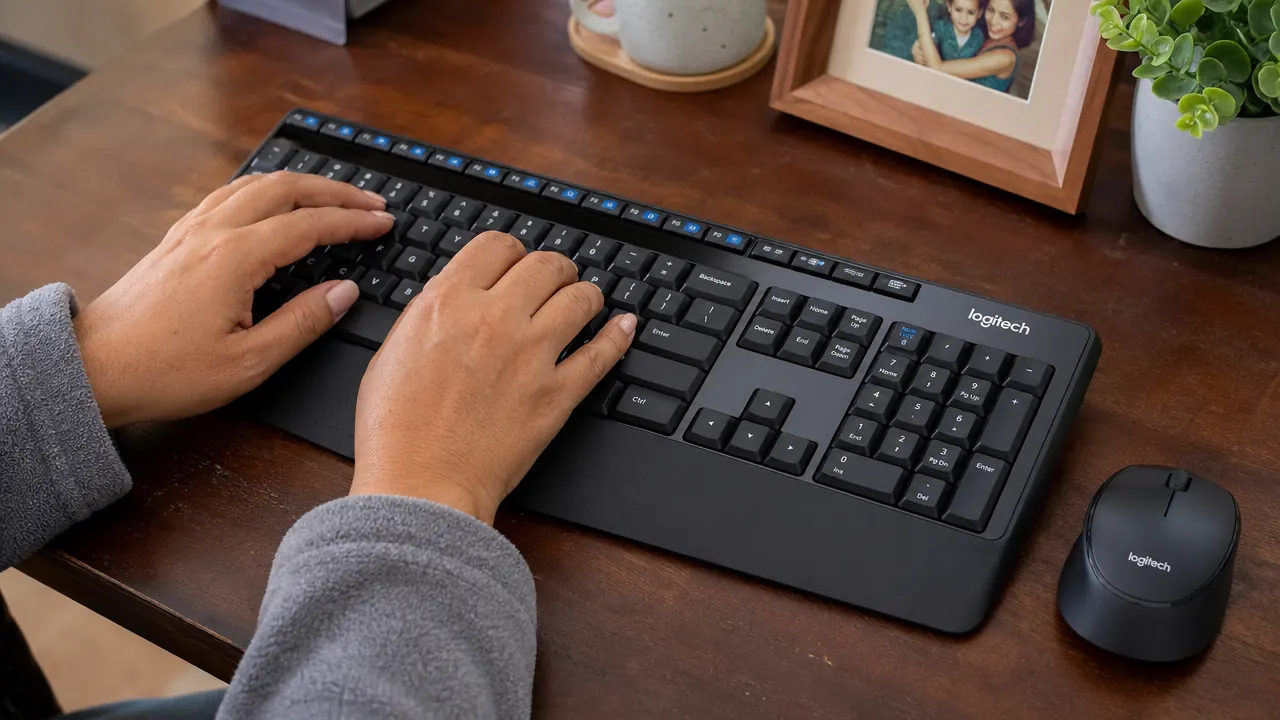Hands typing on the Logitech MK345 keyboard with the built-in palm rest visible