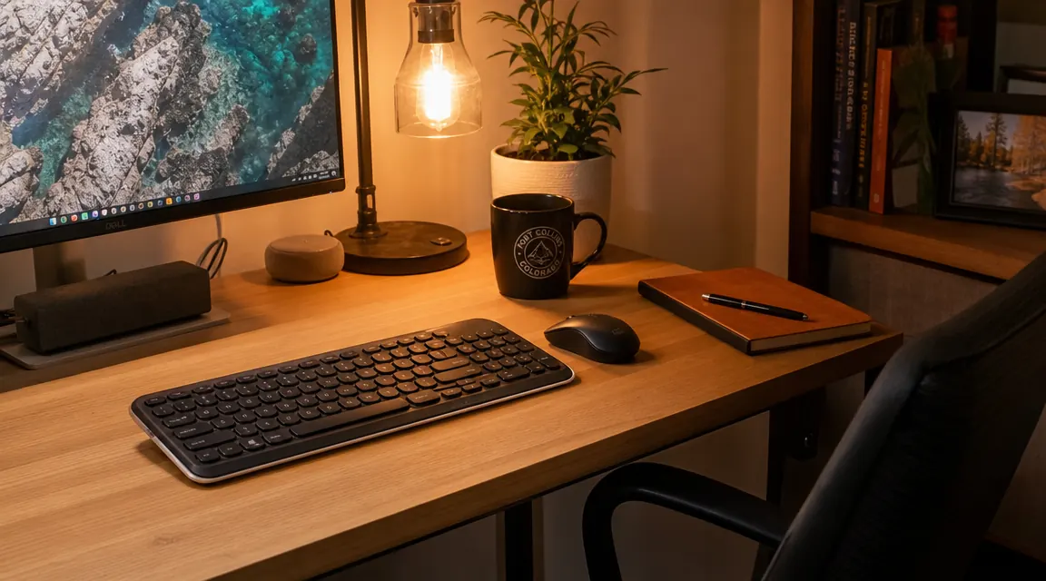 Logitech MK345 wireless keyboard and mouse combo on a home office desk next to a warm desk lamp