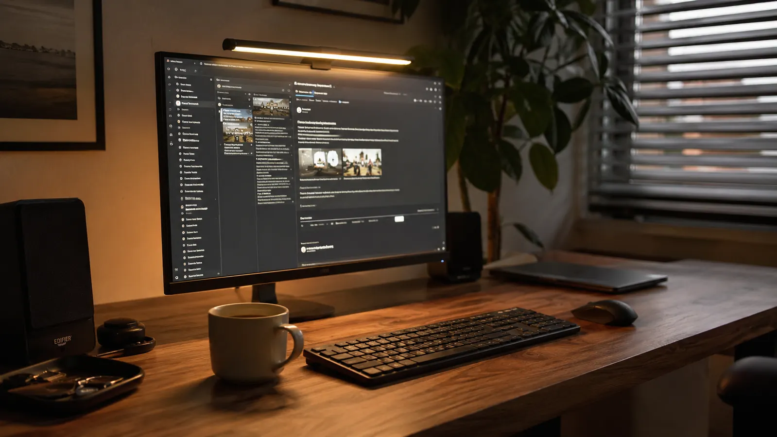 Soft warm glow from a monitor light bar illuminating a tidy home office desk in the evening, no glare on the screen