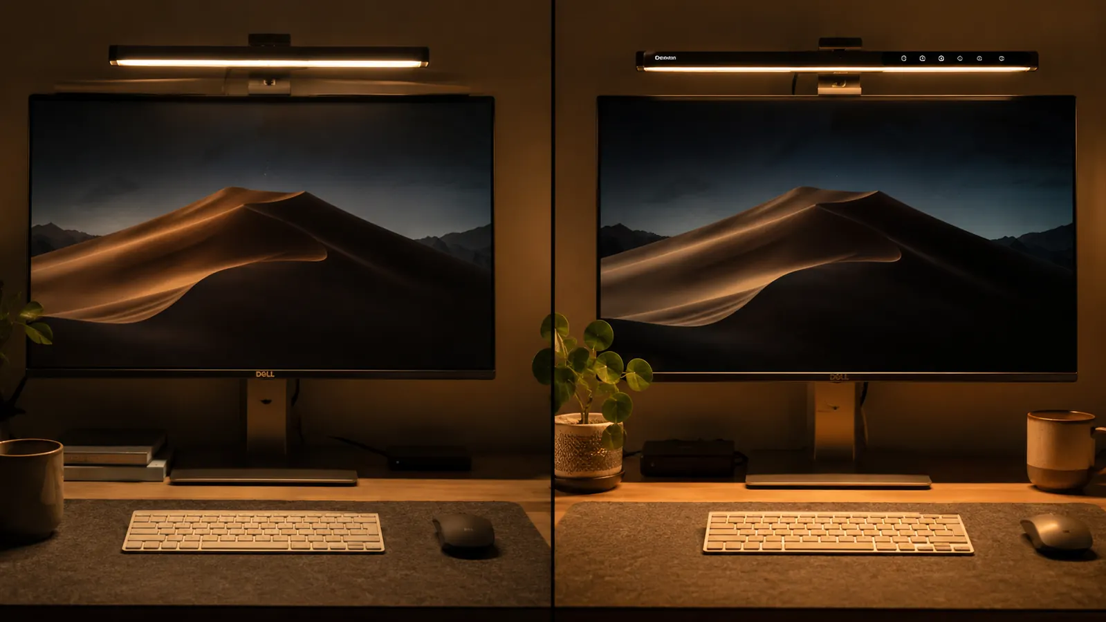 Two monitor light bars side by side above a desk monitor in a dim home office, one budget and one premium
