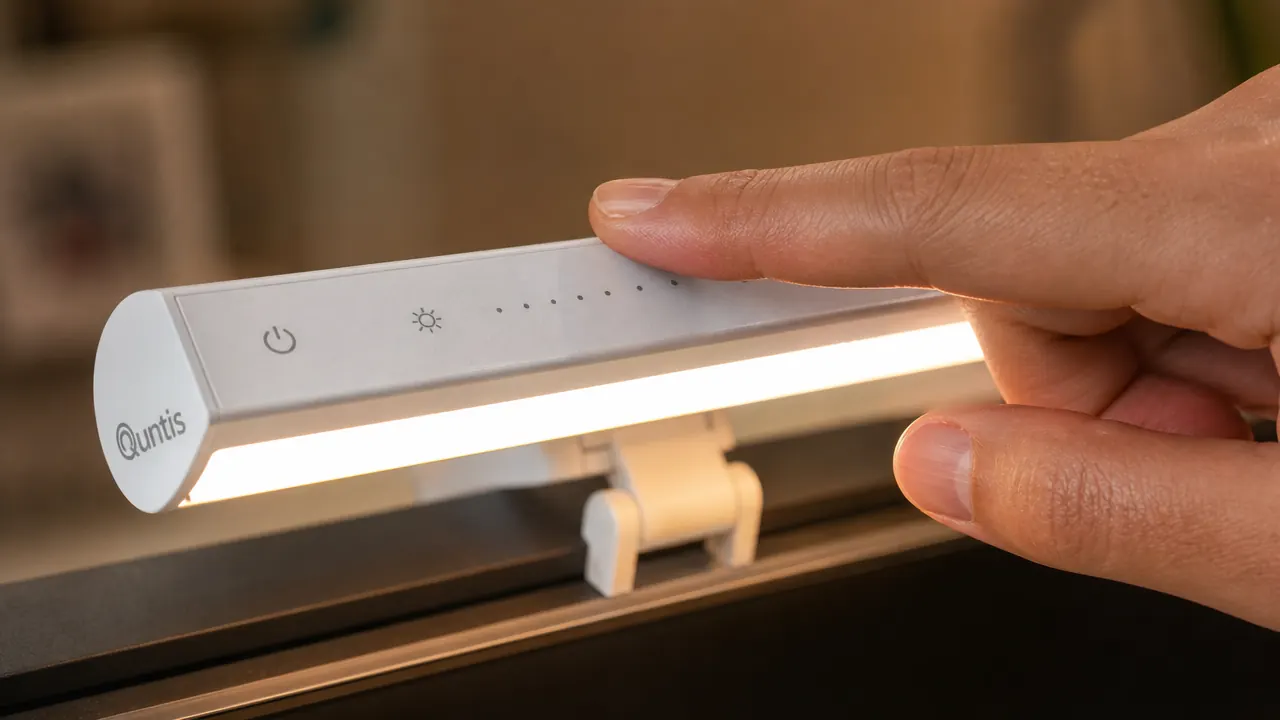 Close-up of the Quntis monitor light bar touch strip on top of the housing showing finger placement for correct tap activation