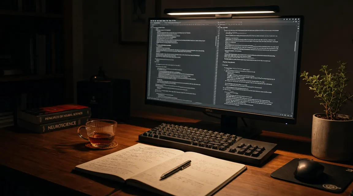Home office desk at night showing a monitor light bar casting a focused pool of light downward while the surrounding room stays dark