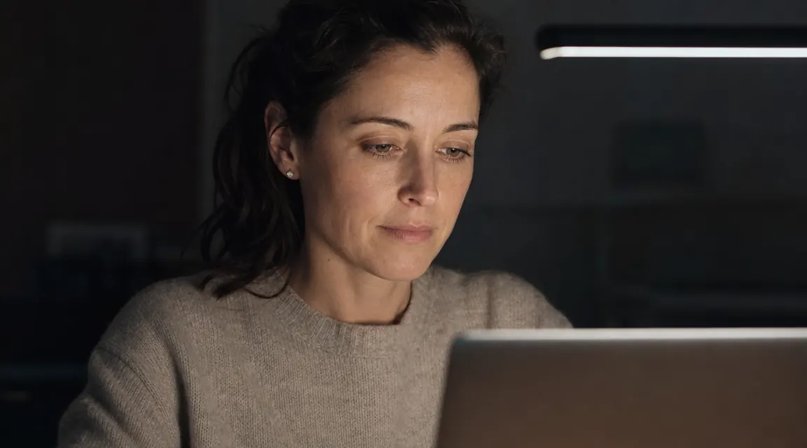 Close-up of a woman's face showing relaxed, un-strained eyes while working at a monitor with a light bar above it in a dim room