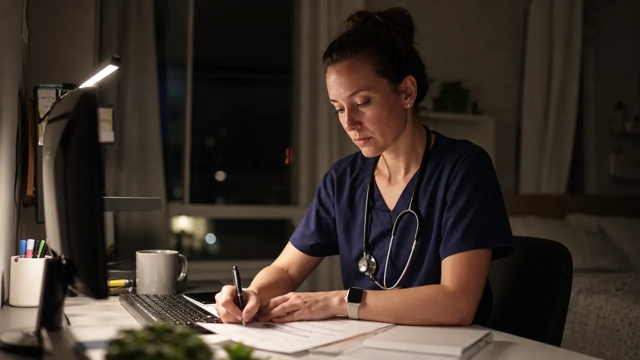Nurse at a home desk at night, monitor light bar casting warm focused light downward onto keyboard and paperwork, no ceiling glare