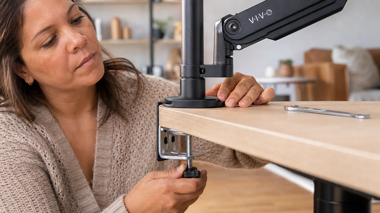 Hand tightening the clamp base of the VIVO monitor arm onto the edge of a wooden desk