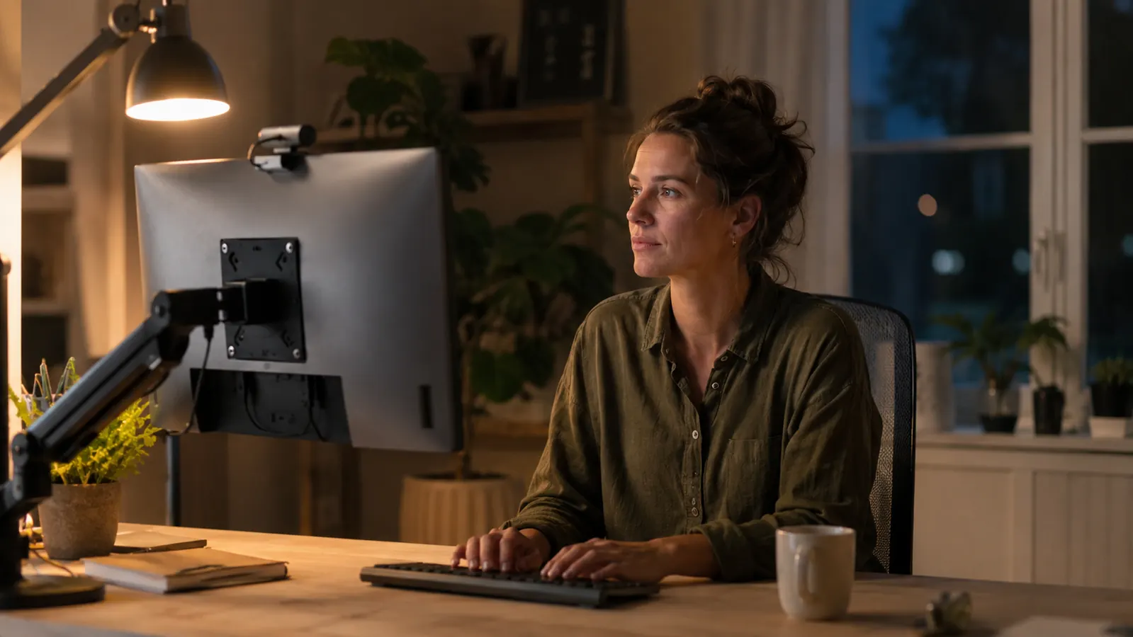 A nurse sitting at a clean home office desk late in the evening, typing on a keyboard under a mounted monitor