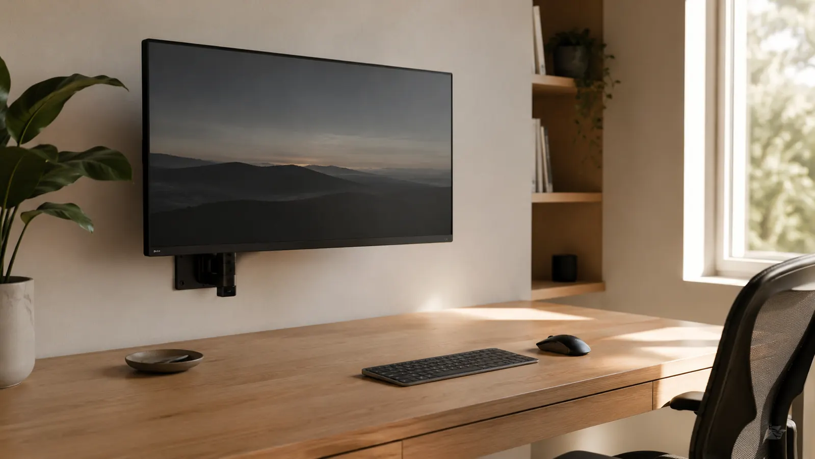 A tidy home office corner desk with a monitor floating on an arm, clear surface below, warm afternoon light through a window