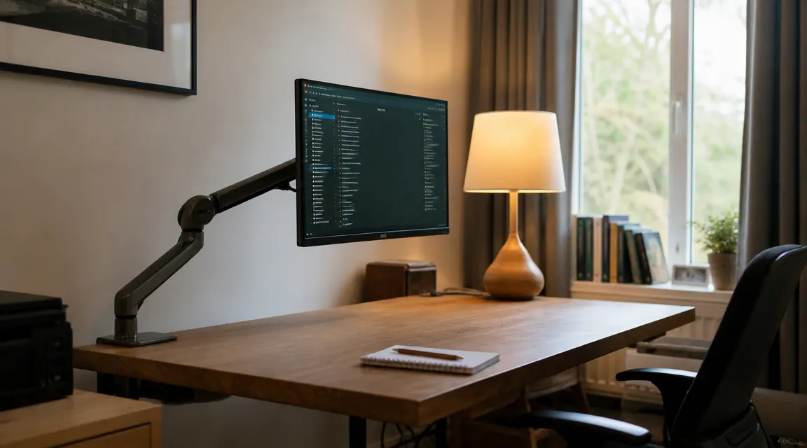 VIVO monitor arm mounted on a compact home office desk, monitor floating at eye level, cluttered desk surface cleared away beneath it