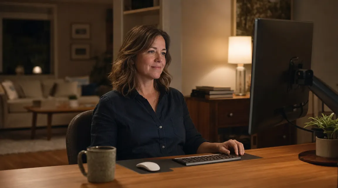 Person seated at home desk with monitor at eye level, relaxed upright posture, evening home setting