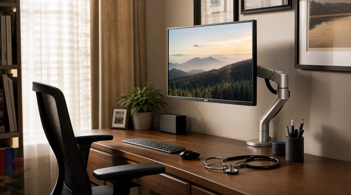 Clean home office desk with a monitor mounted on an articulating arm, soft evening window light, notepad and coffee mug beside keyboard