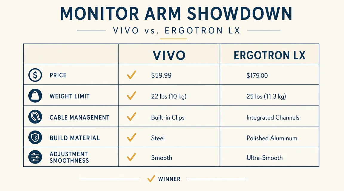 Side-by-side comparison chart showing VIVO and Ergotron LX specs including price, weight capacity, and adjustment range